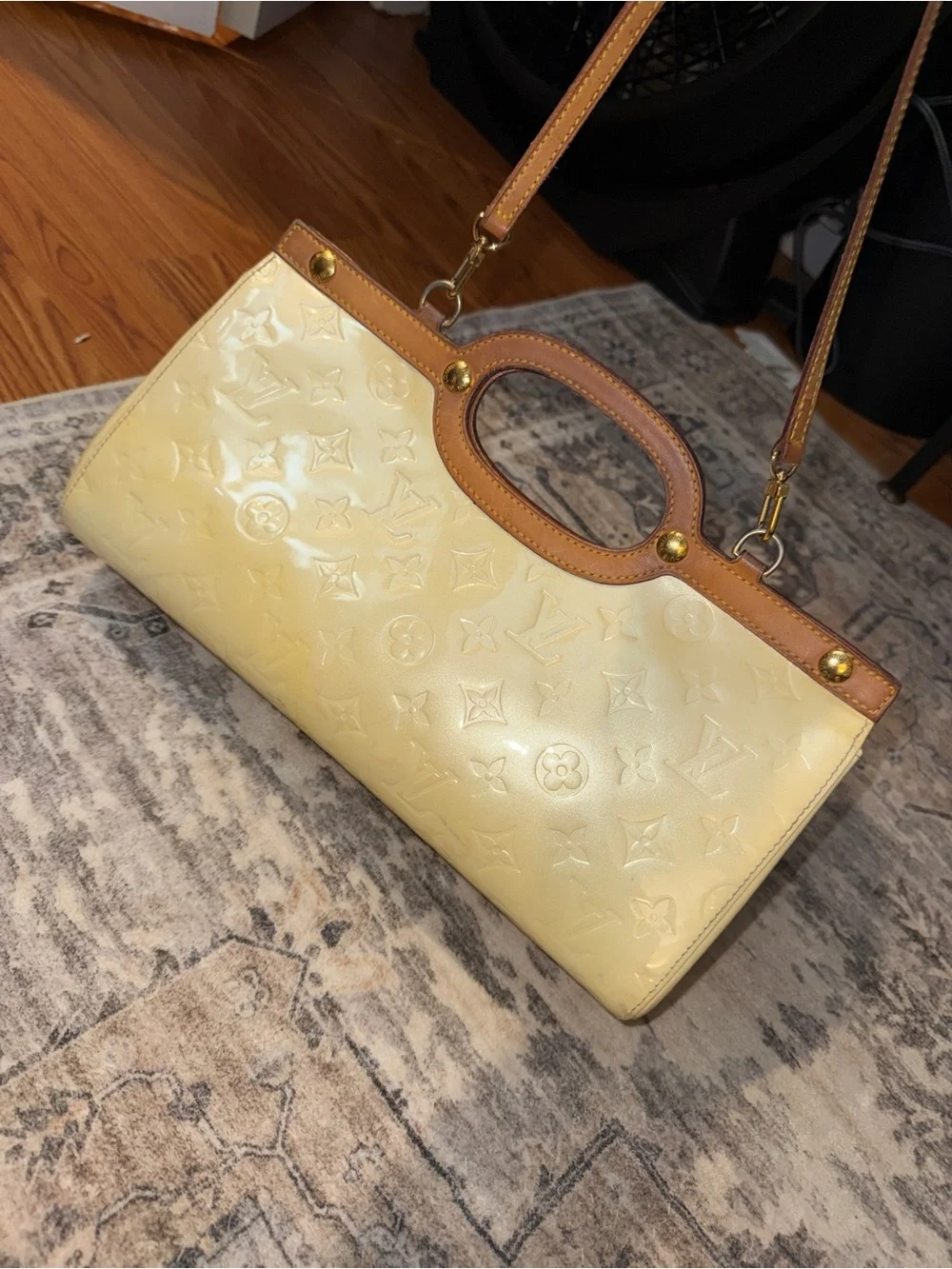 Louis Vuitton Cream Patent Vernis Satchel with Tan Leather Trim